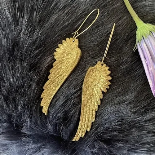 Miniatura 2 de Pendientes de gota vintage - Aretes grandes de latón dorado de ala abierta, hechos a mano, aretes de alas de ángel de oro sagrado, aretes