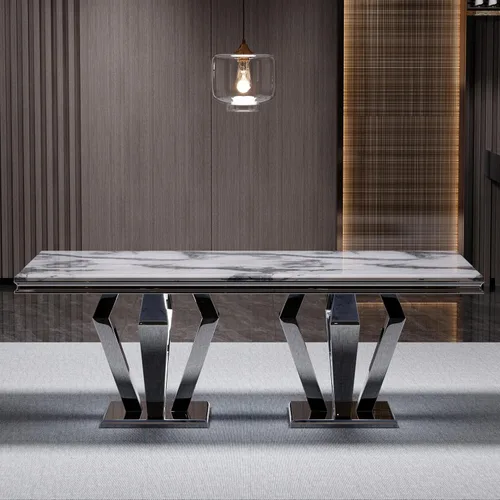 Miniatura 8 de ACEDÉCOR Mesa de comedor, mesa de comedor rectangular moderna de 78 pulgadas para 6-8 personas, parte superior de textura gris y base geométrica