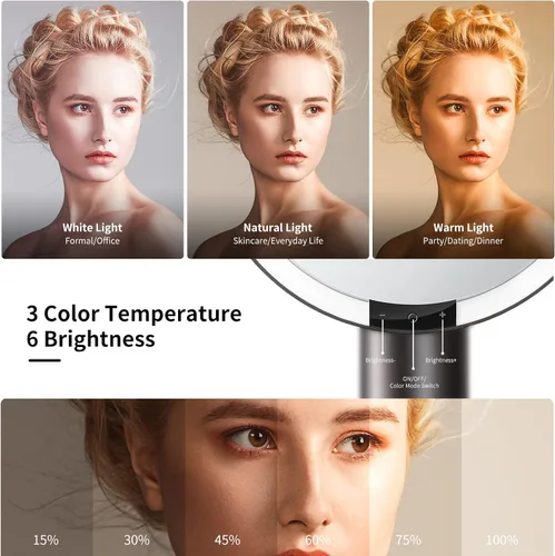 Miniatura 2 de AMIRO Espejo de maquillaje iluminado de 9" con sensor inteligente y control táctil, 3 colores y 6 niveles de brillo, recargable e inalámbrico, Negro