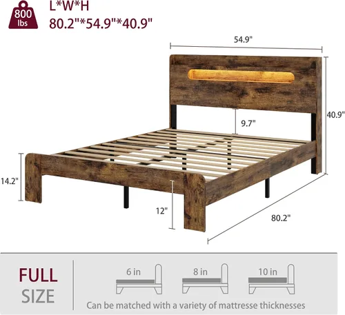 Miniatura 2 de Base de cama tamaño matrimonial con cabecera de almacenamiento, base de cama de plataforma con estación de carga y luces LED, listones de madera