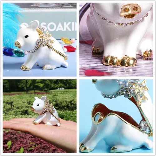 Miniatura 3 de Waltz&F Cerdo blanco con lazo hecho a mano estaño baratija caja de joyería soporte anillo figura decorativa coleccionable