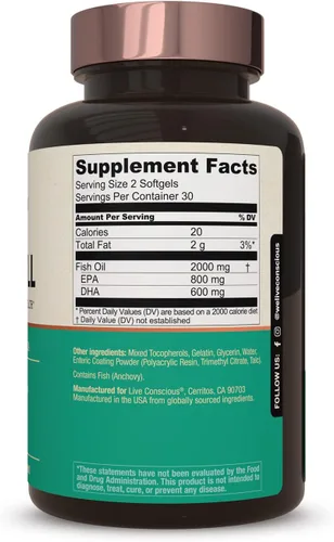 Miniatura 7 de Live Conscious Aceite de pescado OmegaWell: apoyo para el corazón, el cerebro y las articulaciones 800 mg EPA 600 mg DHA - Recubrimiento entérico