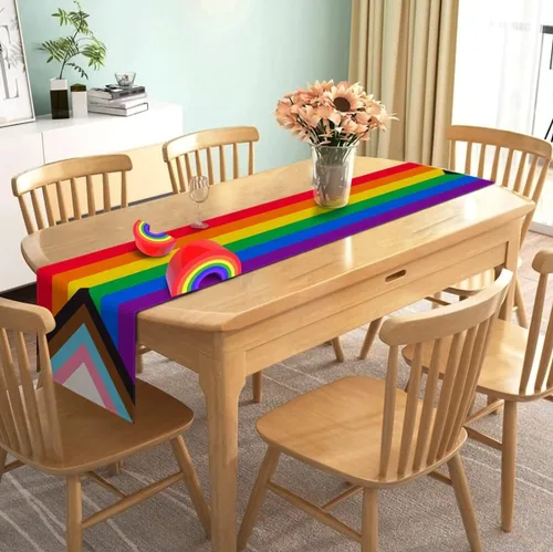 Miniatura 2 de Nepnuser Camino de mesa rústico arcoíris para el mes del orgullo de junio, decoración de fiesta LGBTQ+, de lino, granja, hogar, comedor, cocina