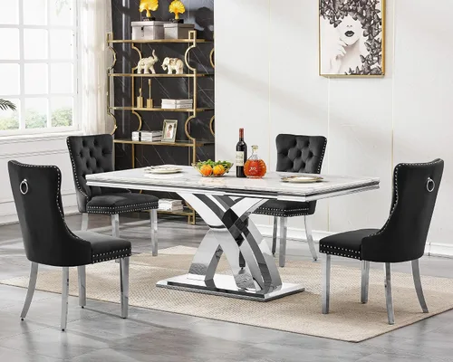 Miniatura 34 de Juego de mesa de comedor de mármol de lujo de 70 pulgadas para 4, juegos de mesa de cocina blanco y dorado para 4, mesa de comedor moderna de mármol
