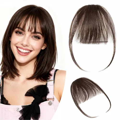 Miniatura 9 de Hairro Flequillo con clip, de cabello humano, fleco francés, con flecos, parte frontal plana, flequillo lateral, clip con cortina de sien, clip