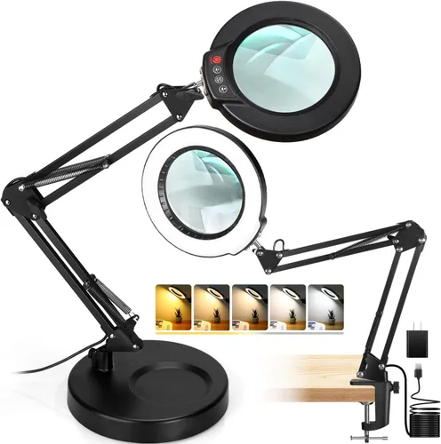 Lámpara de lupa de 10 aumentos con luz y soporte, lámpara de escritorio y abrazadera 2 en 1, Seylae con 5 modos de color, lupa iluminada LED con