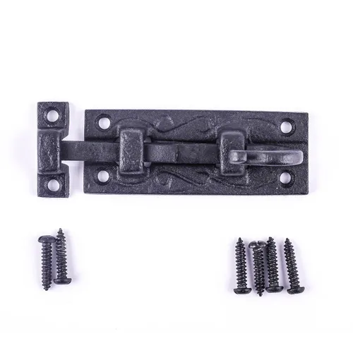 Renovators Supply Manufacturing Pestillo de cerradura de puerta de 4 pulgadas. Pestillo de perno deslizante de hierro forjado negro con accesorios