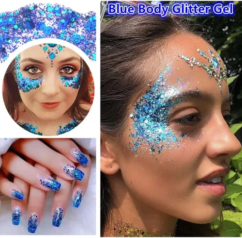 Miniatura 8 de Go Ho Brillantina azul para rostro y cuerpo, pintura facial azul de Halloween, gel brillante de sirena, lentejuelas gruesas holográficas para ojos
