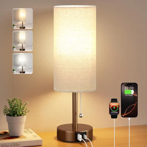 Miniatura 11 de Juego de 2 lámparas de noche grises para dormitorio, lámpara de mesa de noche con puerto de carga USB A + C, 3 temperaturas de color, cadena