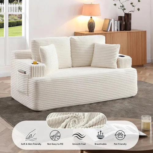 Miniatura 4 de Sofá sin hueso de 66.5 pulgadas con portavasos y bolsillos laterales, sofá biplaza tapizado de tela de pana moderna con 2 almohadas para sala