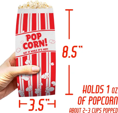 Miniatura 7 de Bolsas de palomitas de maíz Retro, resistentes a la grasa, paquete de 25. Fundas de papel de 1 onza de una sola porción en nostálgico rojo/blanco