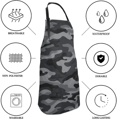 Miniatura 5 de Delantal impermeable gris camuflaje camuflaje para adultos babero de chef con bolsillo espacioso para cocina, barbacoa, manualidades, dibujo