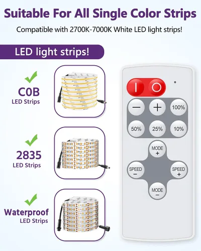 Miniatura 3 de HitLights Mini control remoto RF para tira de luces LED de un solo color, CC 5-24V, atenuador inalámbrico de 12 teclas con modo de efecto dinámico