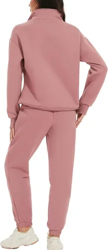 Miniatura 5 de PEHMEA Conjunto deportivo de 2 piezas de otoño para mujer, con forro polar, holgado, manga larga, media cremallera, cómodo conjunto de descanso