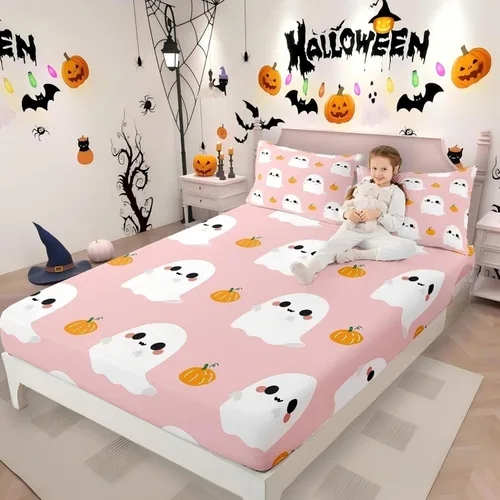 Miniatura 30 de Juego de ropa de cama de Halloween con patrón de sombras kawaii, sábana bajera tamaño queen, decoraciones de calabaza, luces de calabaza góticas