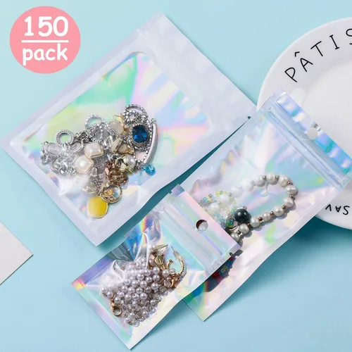 Miniatura 8 de Paquete de 150 bolsas holográficas de Mylar de 5 x 8 pulgadas con ventana transparente, pequeñas bolsas de papel de aluminio resellables