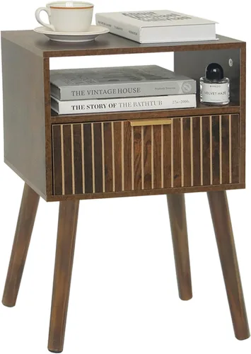 Miniatura 8 de MaxSmeo Mesita de noche negra con cajón, mesita de noche moderna de mediados de siglo con almacenamiento de estantes abiertos, mesa auxiliar