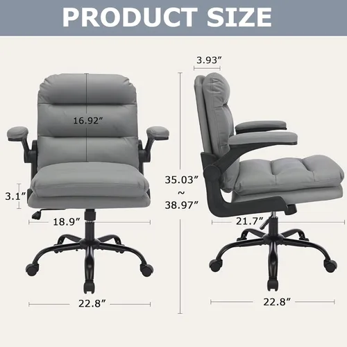 Miniatura 3 de VECELO Silla giratoria ergonómica de escritorio de oficina con reposabrazos abatible y altura ajustable, soporte lumbar y cojín grueso de piel Gris