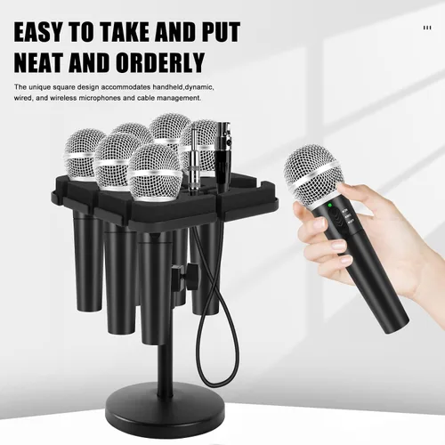 Miniatura 3 de Soporte para micrófonos múltiples, soporte de micrófono con cable e inalámbrico para soporte, soporta hasta 7 micrófonos, aluminio, negro con soporte
