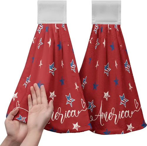 Miniatura 26 de America Stars - Juego de 2 toallas de cocina azules con lazo para colgar, patrióticas para colgar el 4 de julio, juego de 2 toallas de mano