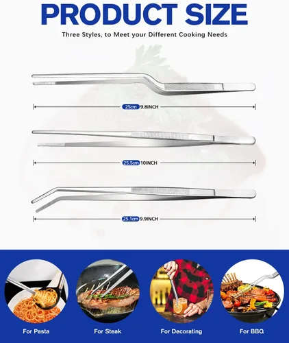 Miniatura 3 de Juego de Pinzas de Cocina Finas, Pinzas Profesionales de Acero Inoxidable para Alimentos, Pinzas Largas de Chef Negras de Cocina para Cocinar