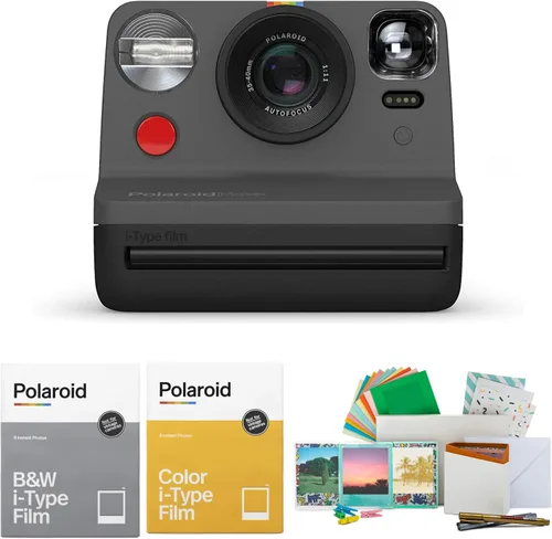 Polaroid Originals Now Viewfinder i-Type - Cámara instantánea (negro) con color y película instantánea B&W y kit de accesorios de fotos vintage