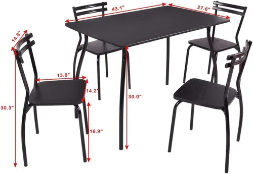 Miniatura 5 de Casart Juego de mesa y sillas de comedor rectangulares de 5 piezas, marco de acero negro con parte superior de MDF, 42 x 27.5 x 30.5 pulgadas, 4