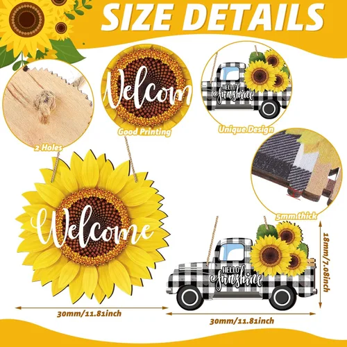 Miniatura 2 de 2 piezas de girasol de verano para puerta de bienvenida, letrero colgante de madera para camión con diseño de girasol Hello Sunshine Wall Porche Art