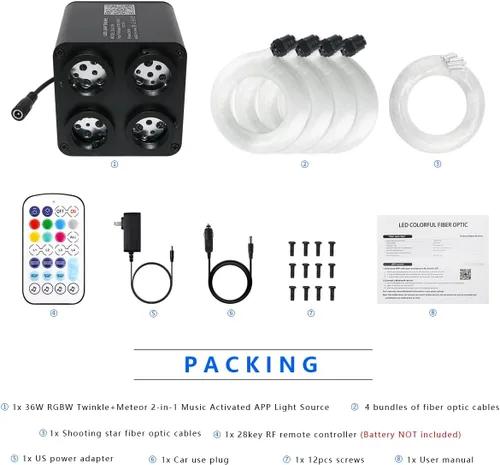 Miniatura 6 de AKEPO 36W 4 Color Twinkle & RGB Estrella fugaz de 2 en 1, luces de fibra óptica, kit de 1800pcs+240pcs de fibras ópticas de 0.03in 13.1ft