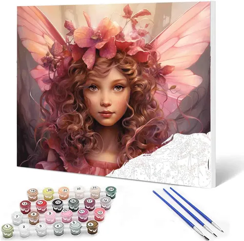 Miniatura 18 de Angel Girl - Pintura por números para adultos, corona de rosas rosadas, pintura al óleo digital, pintura acrílica, kit de pintura linda para niñas