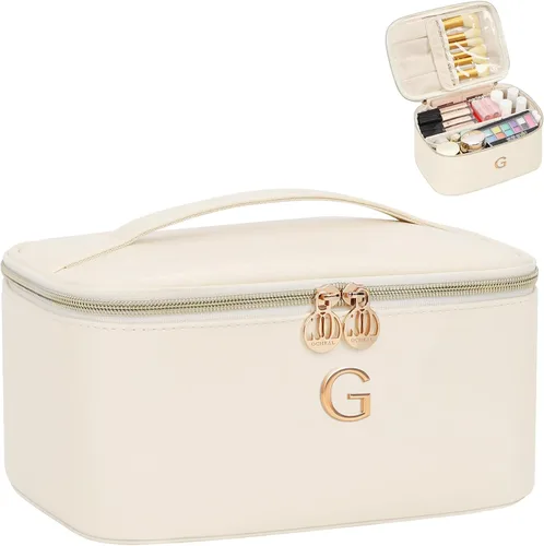 Miniatura 51 de OCHEAL Bolsa de maquillaje personalizada, bolsa de maquillaje beige para mujer, kit de aseo de viaje con monograma, organizador de cosméticos listo