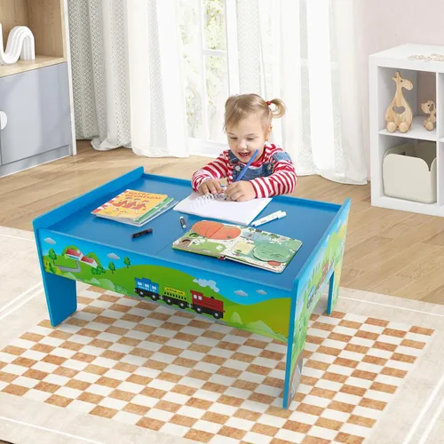 Miniatura 8 de Costzon Mesa de tren, 80 piezas, mesa de actividades de madera para niños con mesa reversible y desmontable, pistas de madera maciza, tren