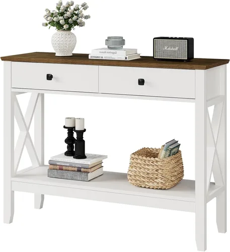 Miniatura 8 de Lomojo Mesa consola, mesa de sofá de 13.8 pulgadas de profundidad x 39.37 pulgadas de ancho x 31.5 pulgadas, mesa de entrada con 2 cajones, estante