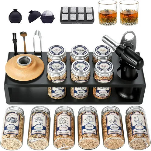 HMYBAR® Kit de 26 piezas para ahumador de whisky con antorcha | Kit de infusor para ahumador de cócteles | Kit de ahumador de bebida a la antigua |