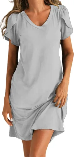 Ekouaer Camisón de manga corta para mujer, cuello en V, camisón de enfermería, mangas de pétalo, vestido de camiseta S-XXL