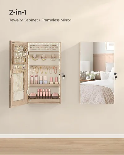 Miniatura 3 de SONGMICS Armario de joyería con espejo con luces LED integradas, organizador de almacenamiento de joyas montado en la pared o en la puerta, 3.8 x