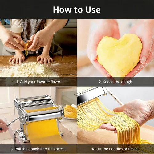 Miniatura 6 de Máquina para hacer pasta METLUCK, máquina de pasta de acero inoxidable manual con rodillo y 9 ajustes de grosor para espaguetis, linguine
