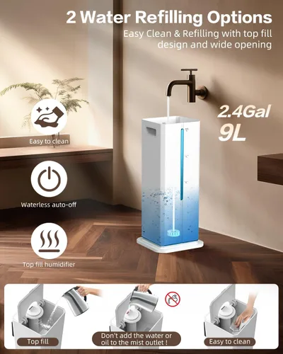 Miniatura 7 de Humidificadores de niebla fría para dormitorio, ultrasónico de 2.4 galones (9L), llenado superior silencioso, fácil limpieza con bandeja de aceite