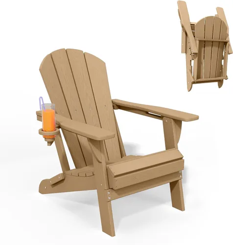 Miniatura 26 de Silla plegable Adirondack con portavasos, juego de 2, sillas de plástico HDPE para exteriores, resistentes a la intemperie, aspecto de madera real
