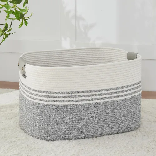 Miniatura 16 de AINUOQI Cesta de Ropa Sucia Grande Cesta de Lavandería con Asas de Cuero, Cesta de Almacenamiento Decorativa de Cuerda de Algodón Tejida para Yute