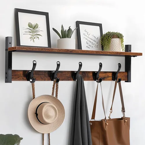 Tatub Perchero rústico de 29 pulgadas con estante, ganchos de pared de entrada con estante, perchas para baño, sala de estar, dormitorio, color