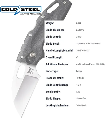 Miniatura 5 de Cold Steel Tuff Lite 2.5" Cuchillo de bolsillo plegable con hoja de 3.5" de AUS8A de pata de cabra ultra afilada y asa Griv-Ex
