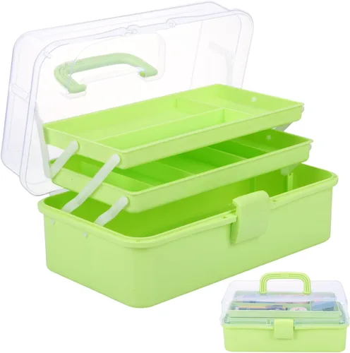 Miniatura 14 de Organizador de manualidades, caja de aparejos plegable portátil de 3 capas, caja de herramientas de plástico con asa para suministros de costura