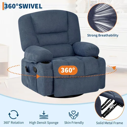 Miniatura 4 de Silla reclinable ancha de gran tamaño, masaje de calor y vibración, silla mecedora giratoria de 360° para adultos, silla reclinable manual de tela