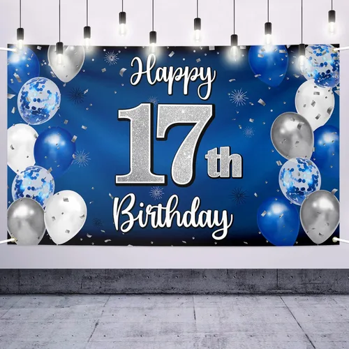 Decoraciones de Feliz Cumpleaños 17, Globo Azul y Plateado 17 Pancarta Grande de Fondo Letrero de Cumpleaños, Brindis por Diecisiete Años 17th
