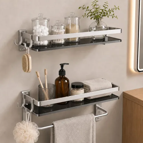 Miniatura 9 de VOLPONE Estante de pared para baño, estantes de vidrio negro, estantes de baño de 15.7in con toallero, estante para toallas, montaje en pared, 2