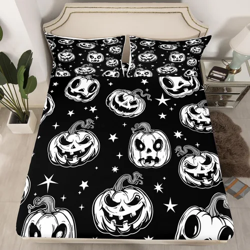 Miniatura 21 de Juego de ropa de cama de Halloween con patrón de sombras kawaii, sábana bajera tamaño queen, decoraciones de calabaza, luces de calabaza góticas