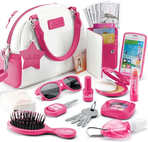 Star Princess Juego de monedero de juego de simulación para niñas, bolso realista con accesorios: teléfono de juguete, cartera, tarjetas de crédito,