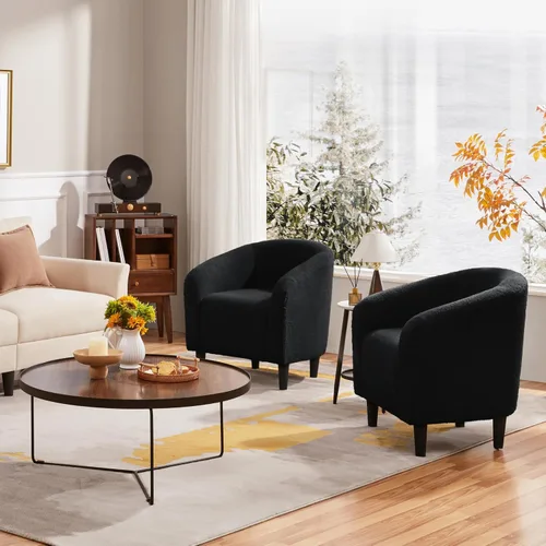 Miniatura 6 de Yaheetech Juego de 2 sillones, silla de club de tela de bouclé, silla elegante de sherpa con asiento suave y acolchado para sala de estar, Negro