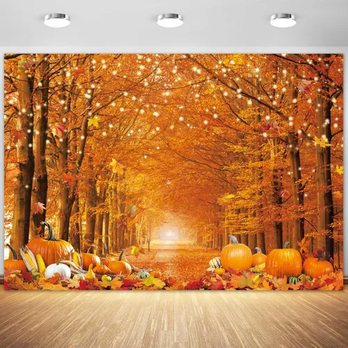 Telón de fondo de fotos de poliéster de 7 x 5 pies para fotografía de otoño, bosque, paisaje, hojas de arce, calabazas, fondo, otoño, día de Acción